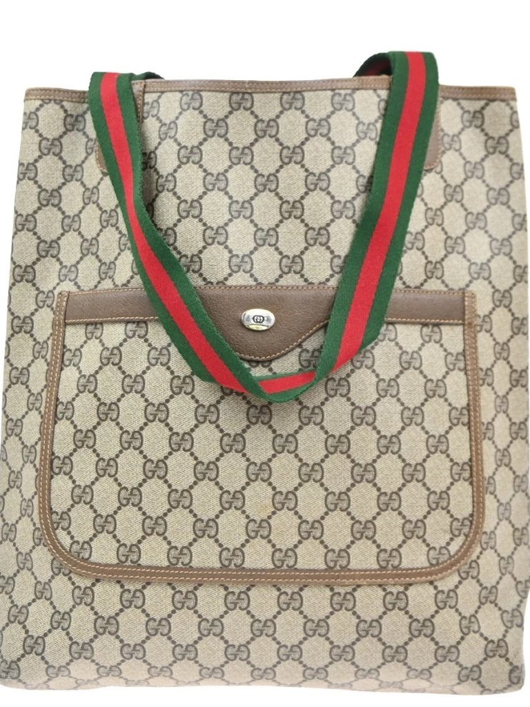 Gucci Logo Gg Sherry Line Shoulder Tote Hand Bag Pvc Leather Beige Italy 61ma457
